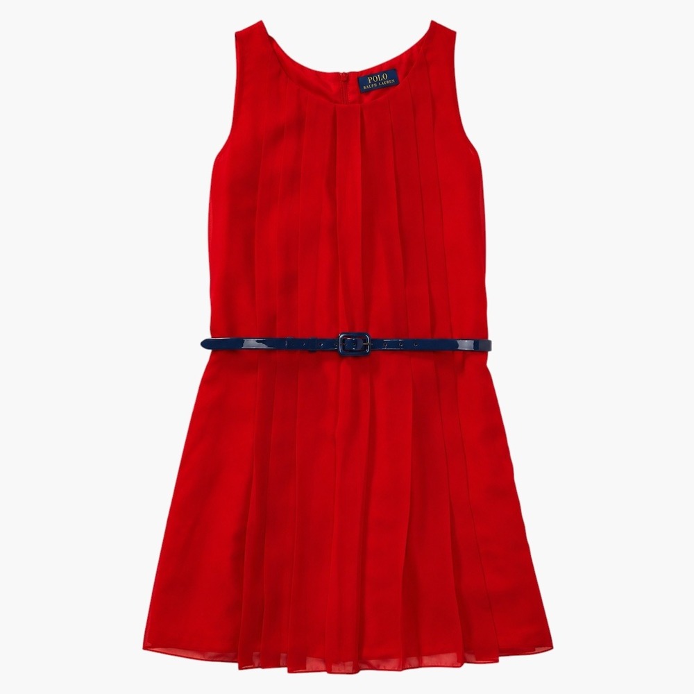 Polo Ralph Lauren Girls Pleated Georgette A-Line Dress Red Size 4 Navy Belt EUC